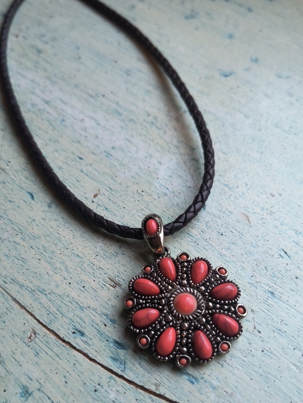 Leather Necklace Orange Stone